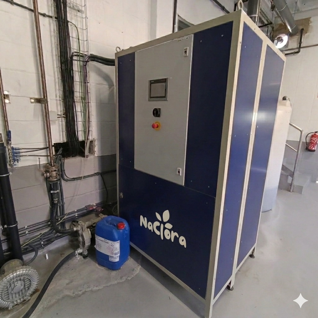 Equipo industrial Naclora azul con panel de control para generación in-situ