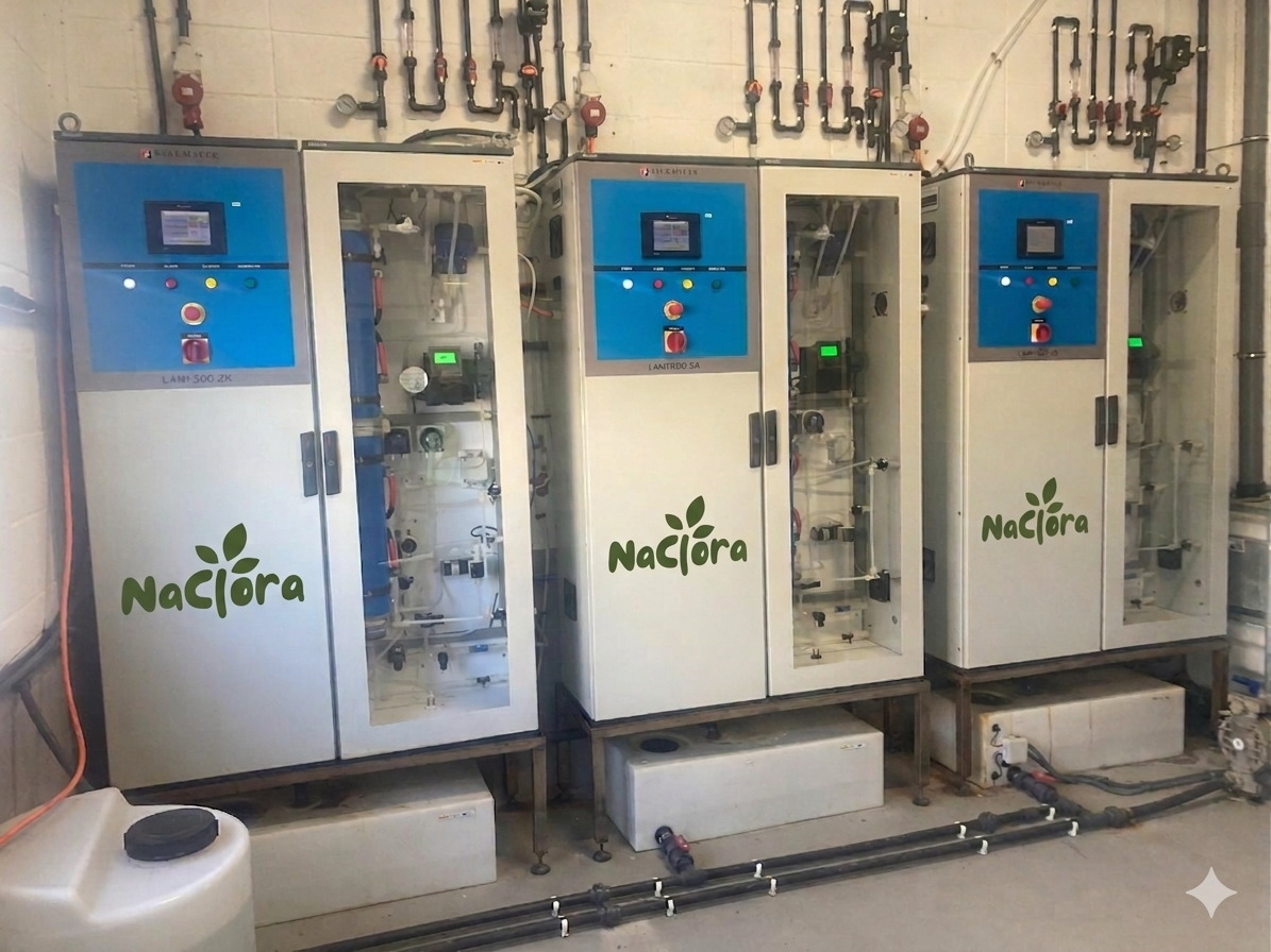 Tres armarios de dosificación con logo Naclora en sala técnica