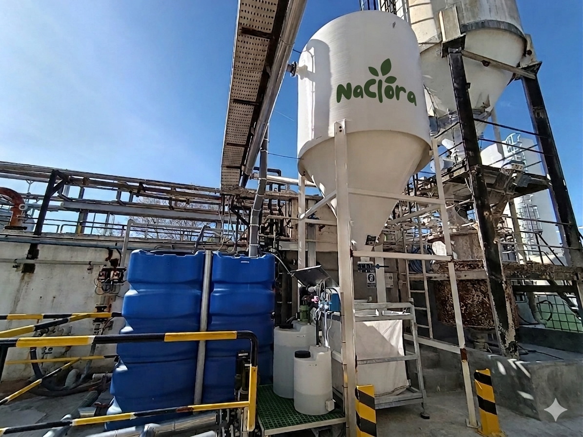 Silo exterior Naclora junto a depósitos azules en planta industrial