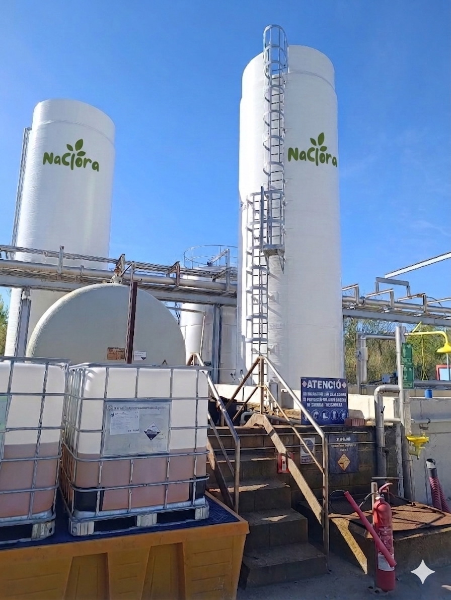 Silos verticales blancos con logo Naclora para almacenamiento de oxidante
